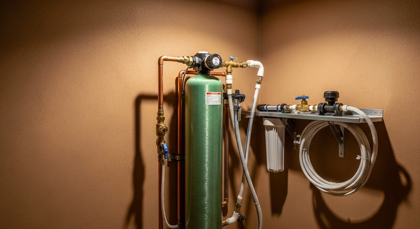Water softener system installed in residential basement