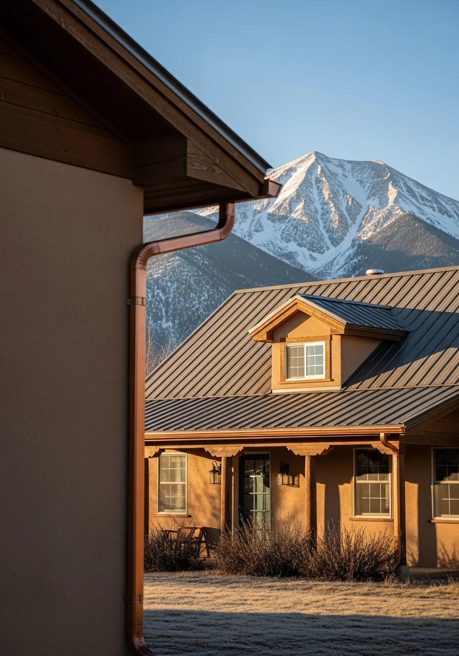 Mountain home in Amalia with snow-capped peaks in background, representing high-altitude residential plumbing and heating needs