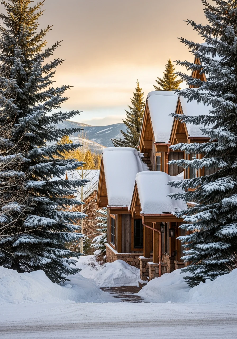 Mountain home exterior with snow-covered roof and evergreen trees framing the structure.