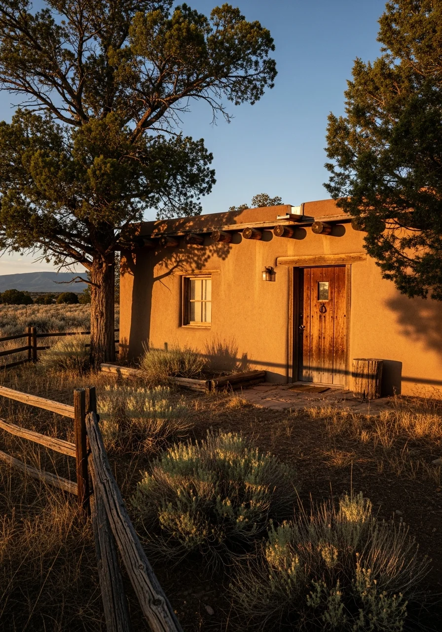 Traditional rural home with open land and mountain backdrop in Mora area.