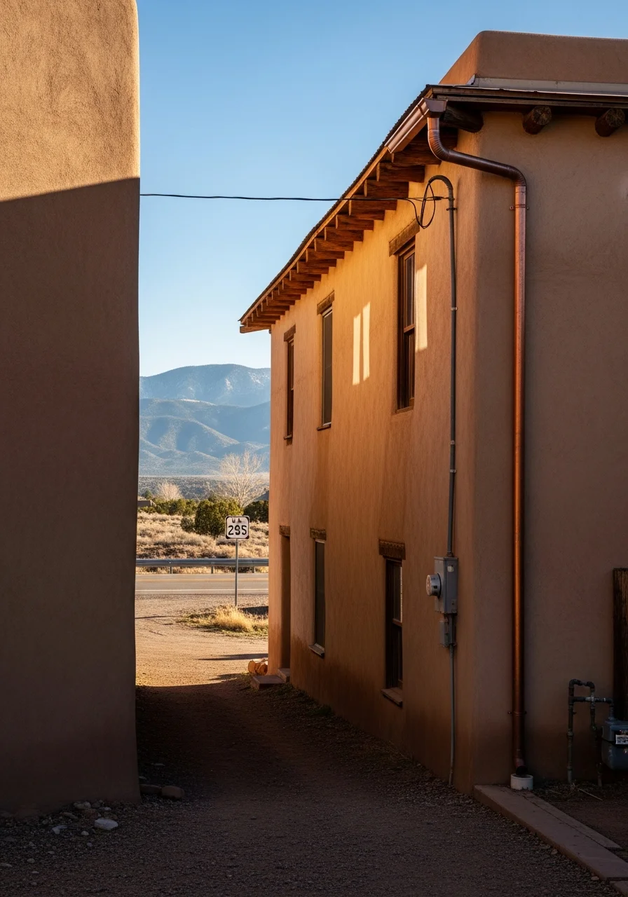 Historic Ojo Caliente community along U.S. Route 285 with mountain backdrop