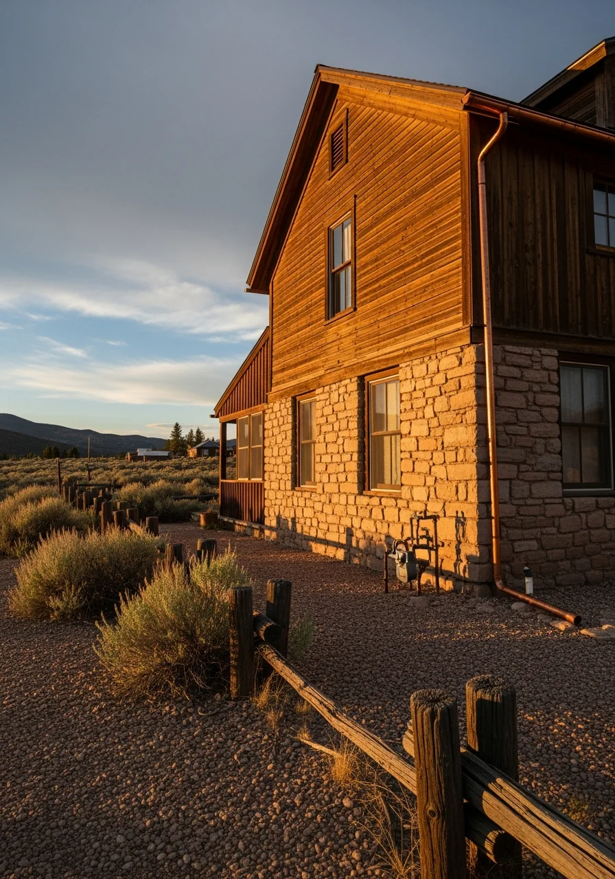 Historic mountain home with weathered wood siding and stone foundation in Red River setting.