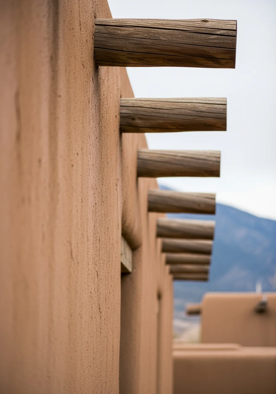 Close-up of traditional adobe wall texture with wooden vigas and mountain vista in the background.