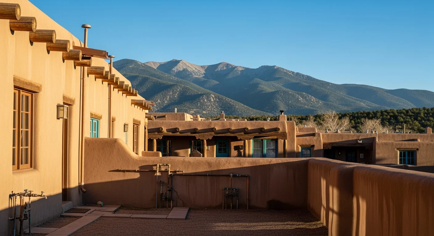 Mountain landscape view of Taos with adobe-style buildings nestled against forested peaks under clear blue sky.