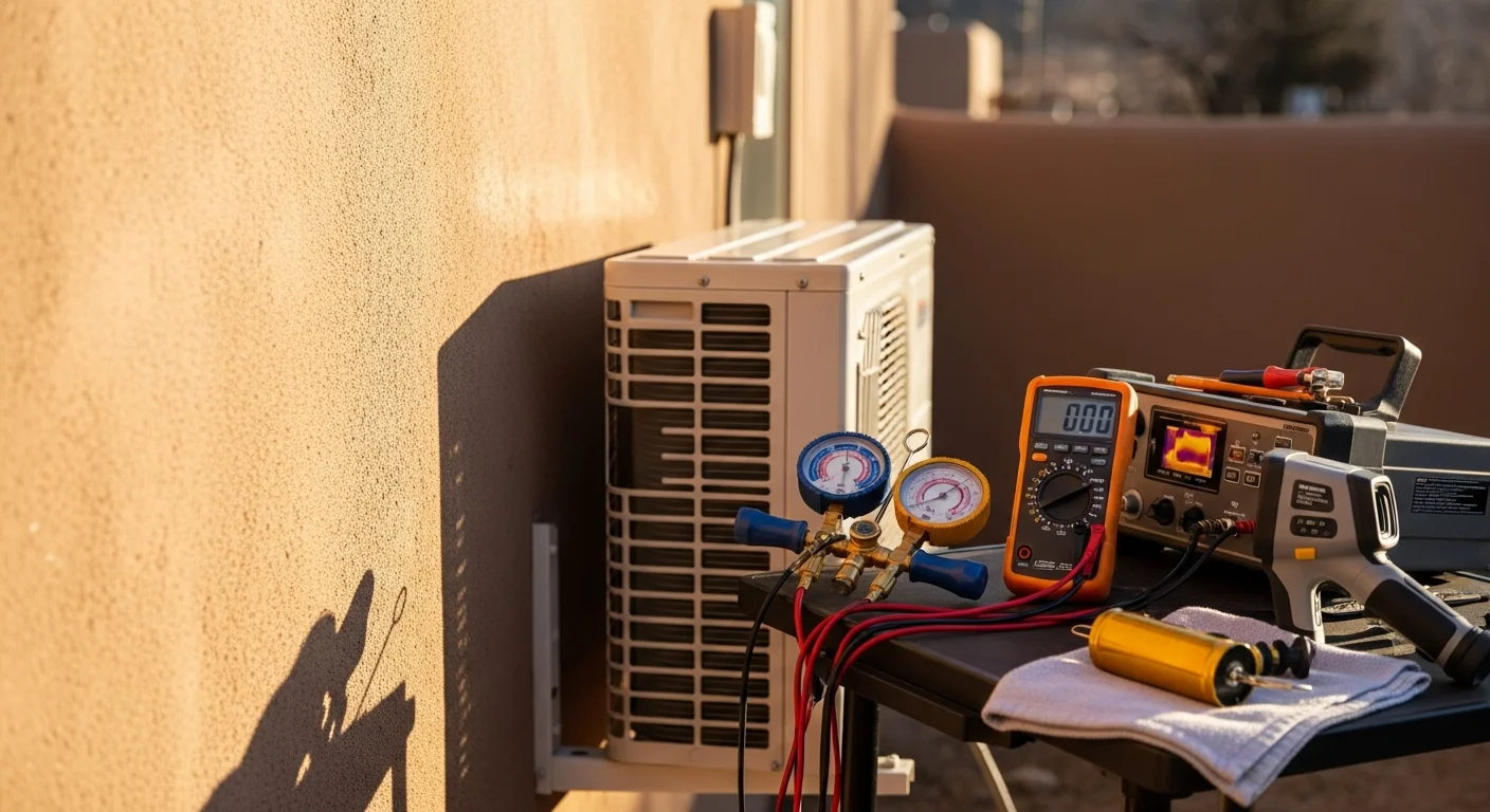 A technician from The Plumbers LLC inspecting an outdoor AC condenser unit beside an adobe-style home in Taos, NM. The unit sits against a stucco wall under a clear high desert sky.