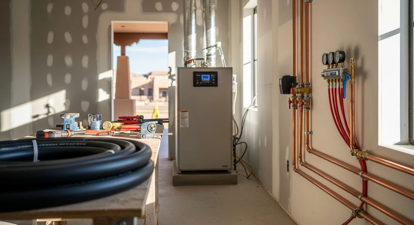 A licensed technician from The Plumbers LLC connecting a commercial heating unit inside a commercial building in Taos, NM. The image shows gas line connections and zone piping in a finished mechanical room.