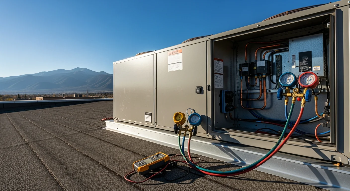 A commercial HVAC rooftop unit on a flat-roof building in Taos, New Mexico, with a technician from The Plumbers LLC performing a maintenance inspection. The high-desert landscape and clear blue sky of northern New Mexico are visible in the background.