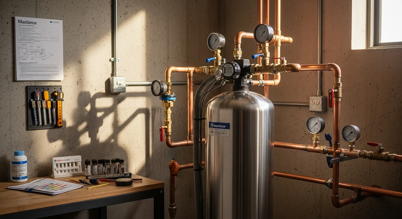 A commercial water treatment system installed in a utility room of a Taos, New Mexico business, showing softening and filtration equipment connected to the building's main water supply line.