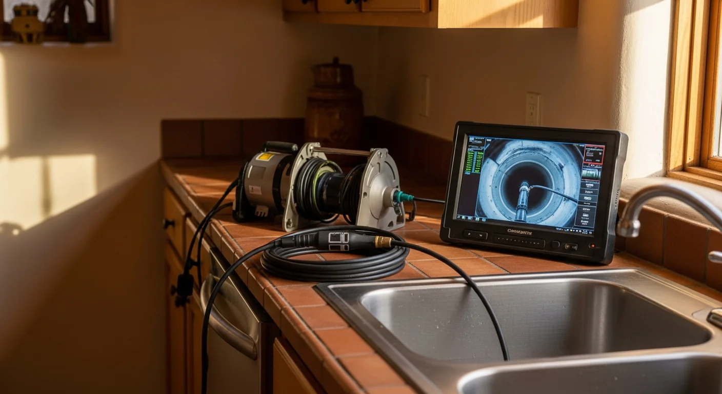 A plumber from The Plumbers LLC feeding a drain inspection camera into a floor drain inside a Taos home. The monitor beside the technician shows a live view of the interior pipe walls.