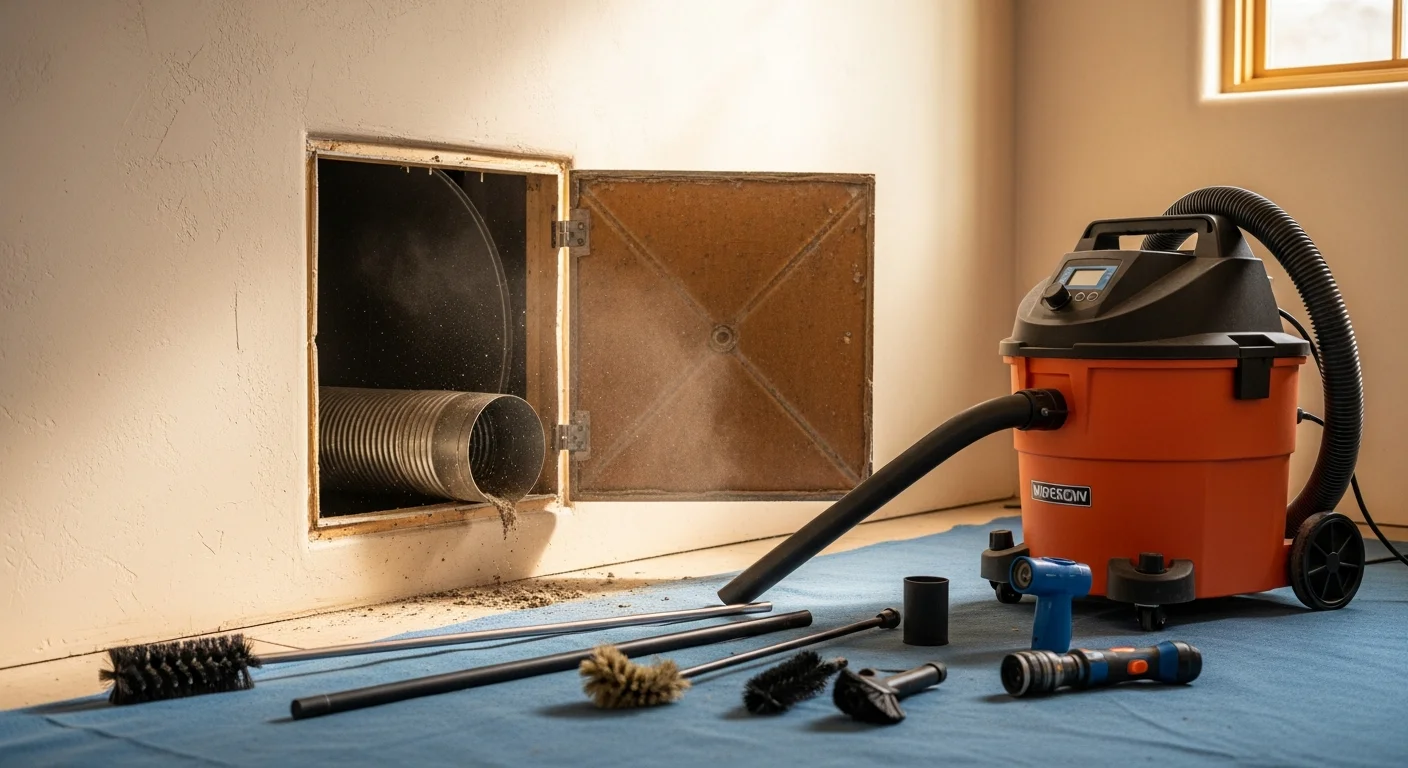 A Taos home's HVAC duct register being cleaned by a technician using a high-powered vacuum, with visible dust and debris removed from the duct interior. The setting reflects a typical Taos adobe-style residence with a wall-mounted vent and tile flooring.