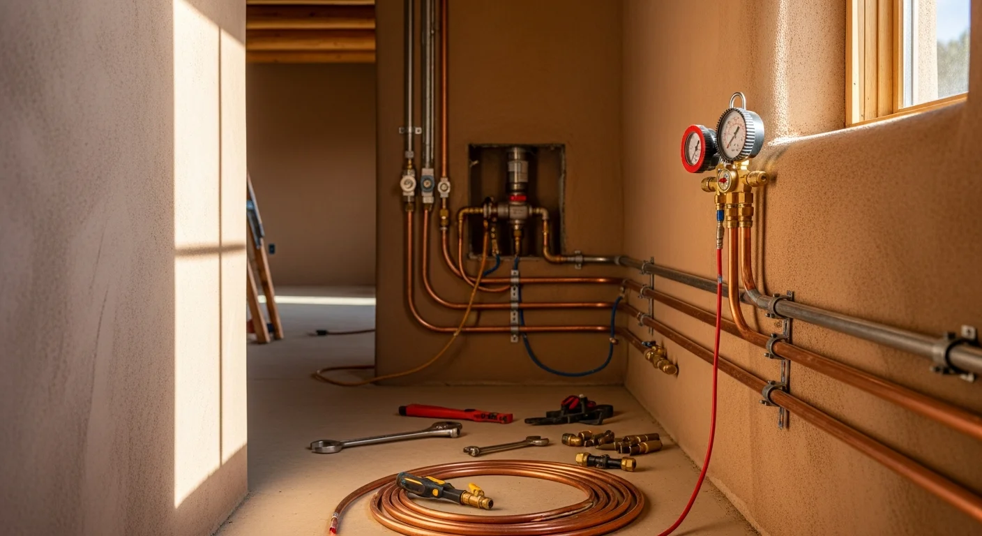 A licensed plumber connecting a new gas supply line beneath a kitchen in a Taos, NM adobe home. Copper pipe runs are visible along the wall leading to an appliance connection point.