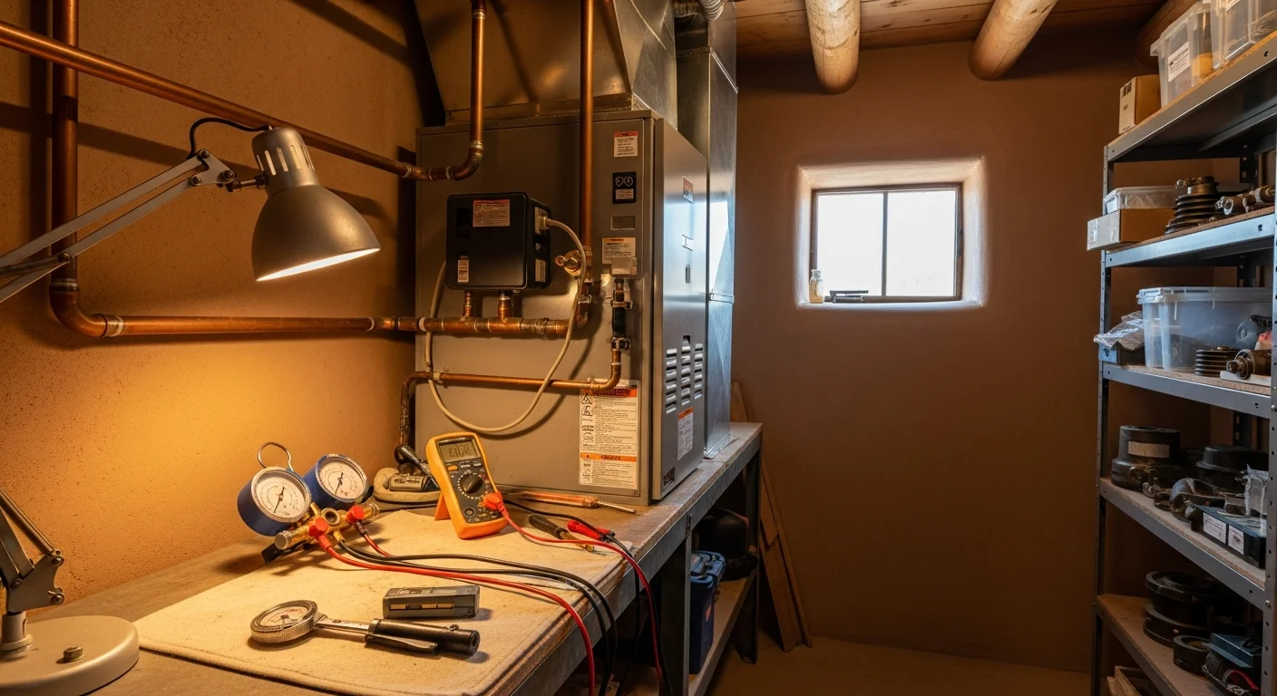 A technician from The Plumbers LLC inspecting a hydronic radiant heating system in a Taos, NM adobe home. The image shows exposed floor heating components and a technician using diagnostic tools in a residential setting.