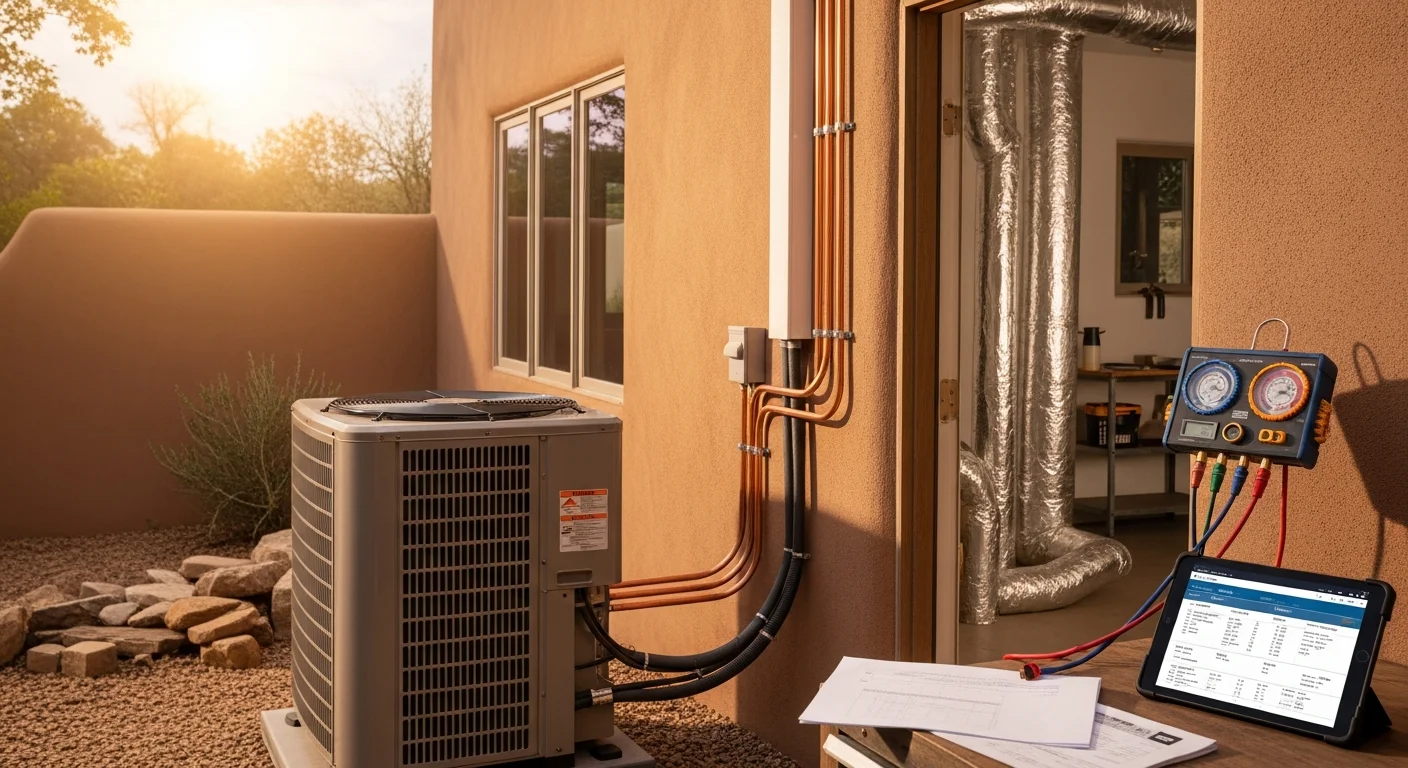 A newly installed HVAC unit mounted on the exterior wall of an adobe-style home in Taos, NM, with the high desert landscape visible in the background. A technician from The Plumbers LLC performs a final system check on the outdoor unit.