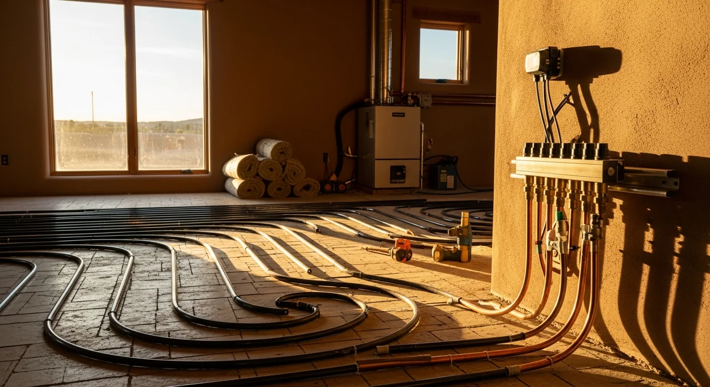 Hydronic radiant floor tubing laid in a grid pattern across a concrete slab inside a Taos home during installation. A plumber connects the tubing loops to a manifold mounted on the wall before the floor covering is applied.
