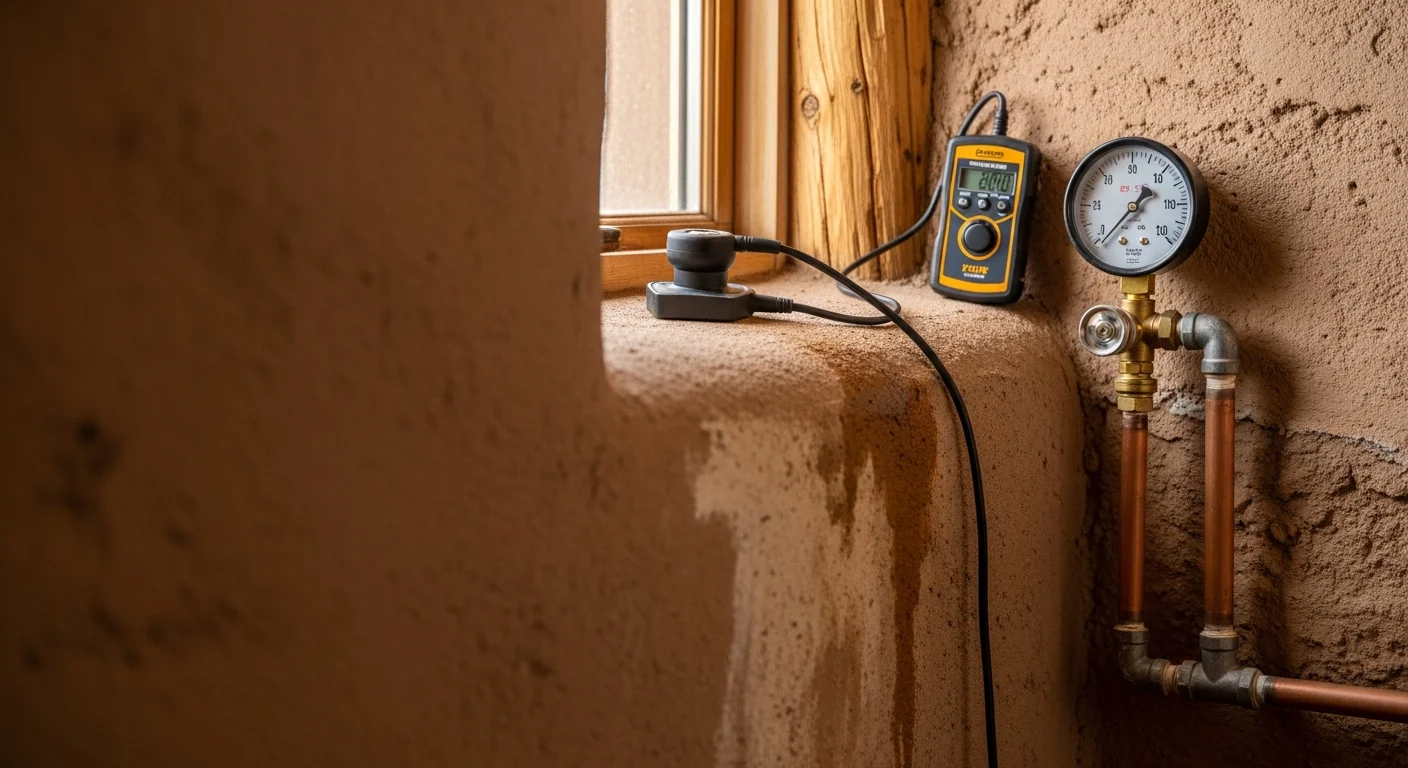 A plumber using acoustic leak detection equipment on a residential pipe in Taos, New Mexico. The image shows a focused inspection of an underground line near an adobe-style home exterior.
