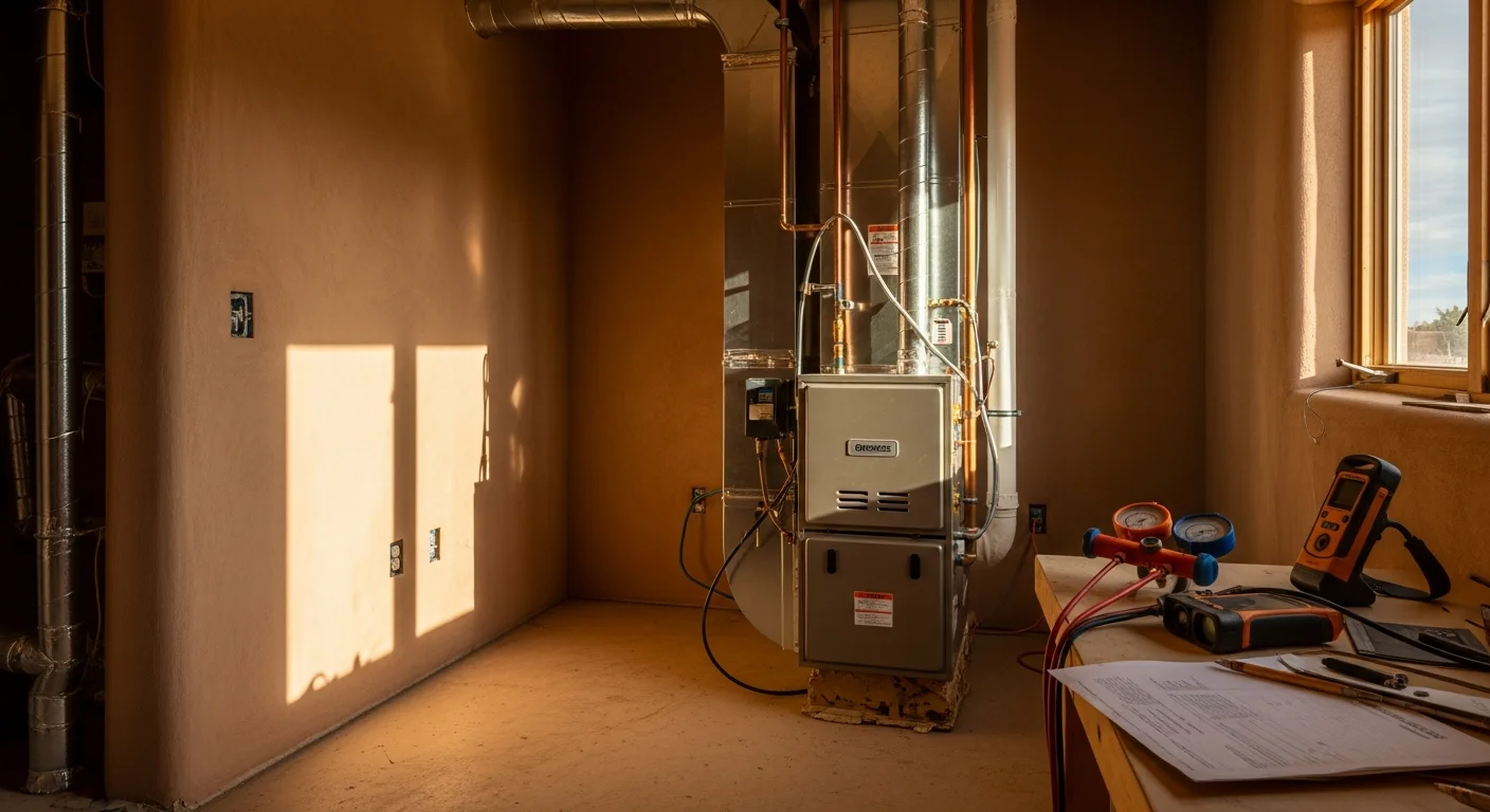 A newly installed residential heating system in a Taos, New Mexico home, showing clean ductwork connections and a wall-mounted thermostat in a room with adobe-style walls. A technician from The Plumbers LLC checks the system controls during the final walkthrough.