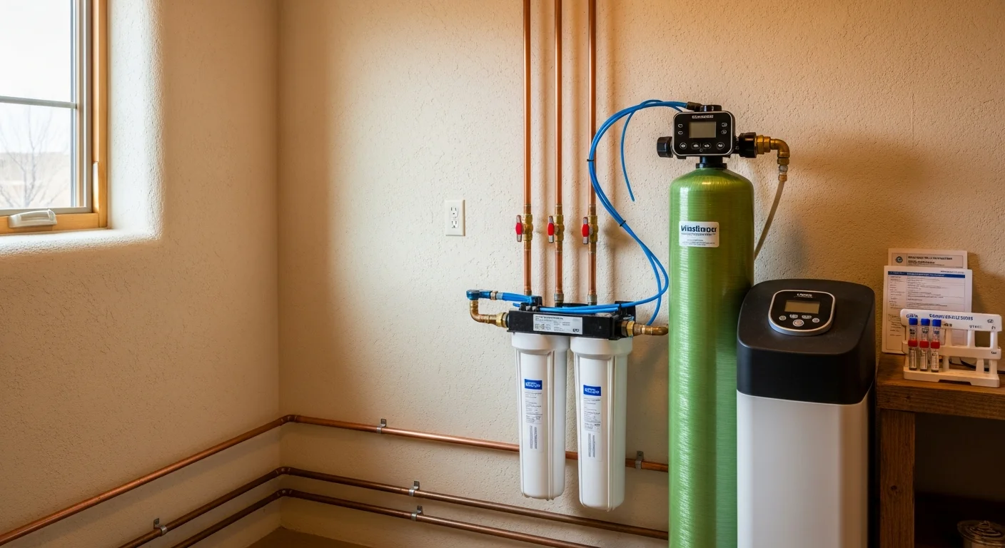 A water softener and filtration system installed in the utility area of a Taos, New Mexico home, connected to copper supply lines with a sediment pre-filter visible. A Taos homeowner reviews the system with a plumber from The Plumbers LLC.