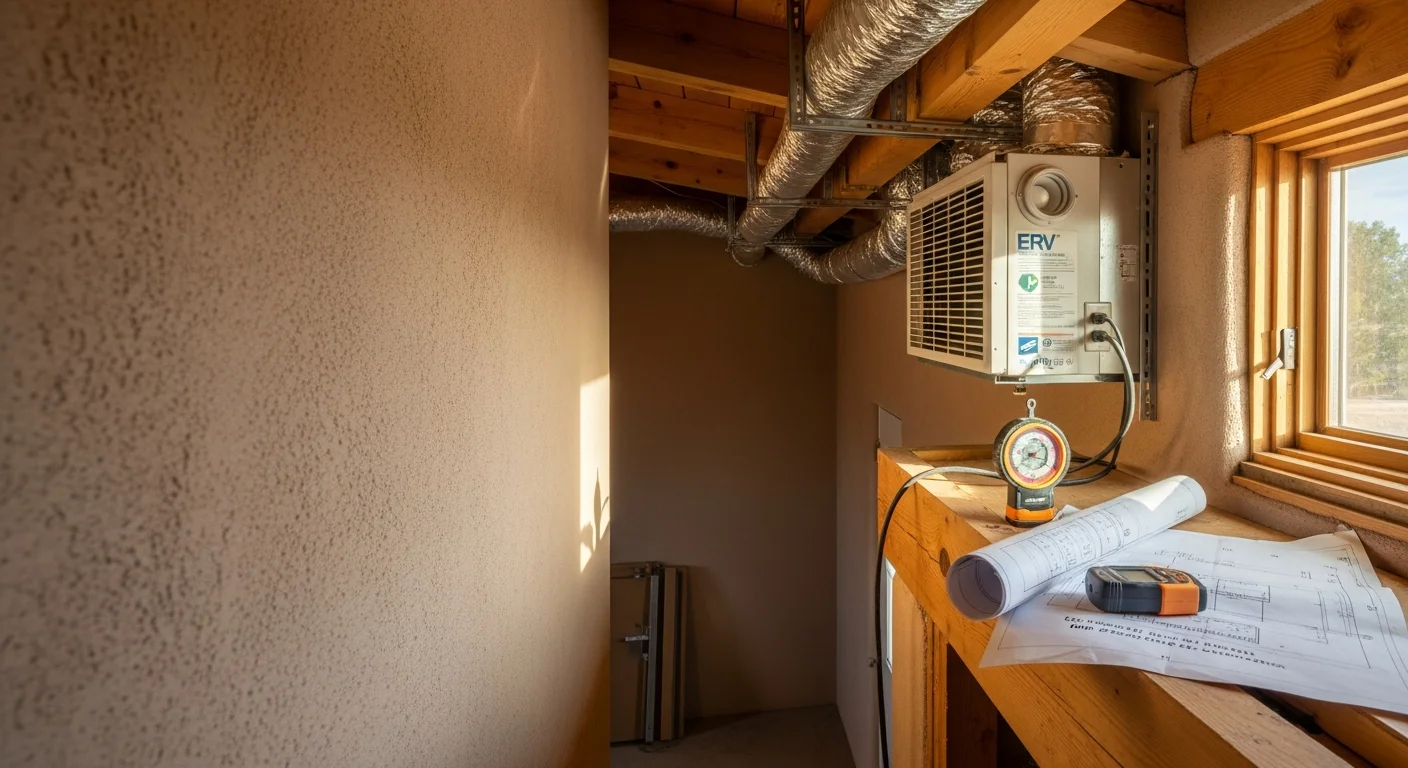 A ventilation system installation in progress inside a Taos, NM home, showing ductwork connections and air handler components fitted to an interior wall. The setting reflects the compact layout typical of adobe-style construction in the Taos area.