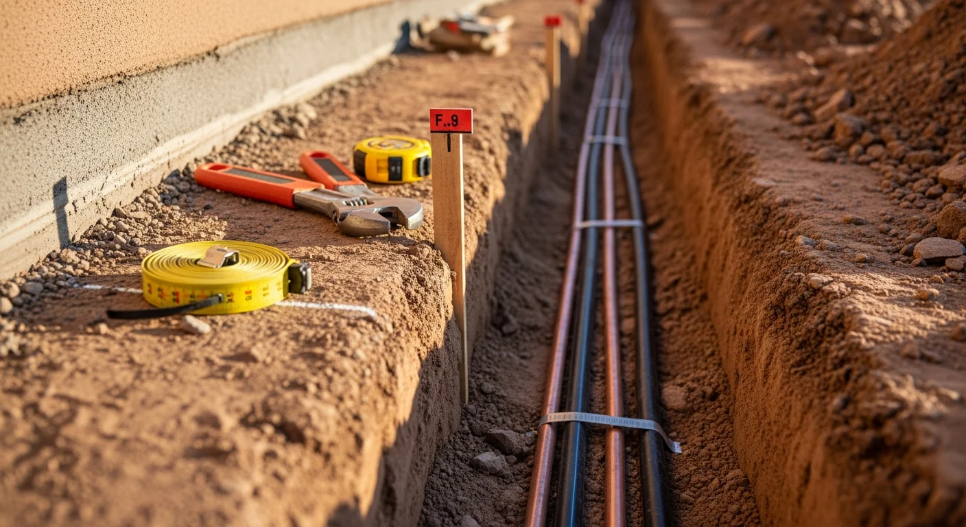 A licensed plumber trenching and laying a new water supply line at a residential property in Taos, New Mexico. The surrounding soil and low-profile adobe-style home are visible in the background.