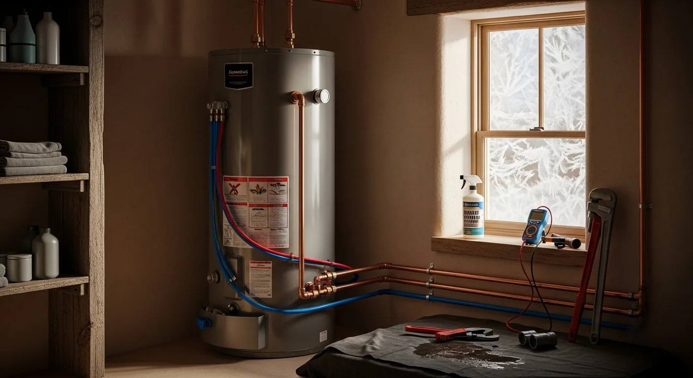 A licensed plumber from The Plumbers LLC installing a water heater in a Taos home utility room. The image shows the unit connected to supply lines with visible pipe fittings against an adobe-style interior wall.