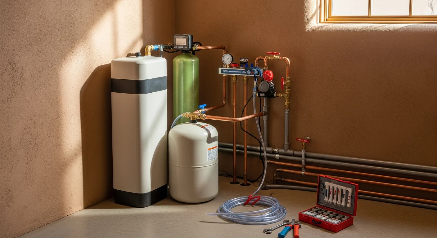 A newly installed water softener system connected to the main supply line inside a Taos, NM home. The brine tank and control valve are visible, mounted against an interior utility wall.