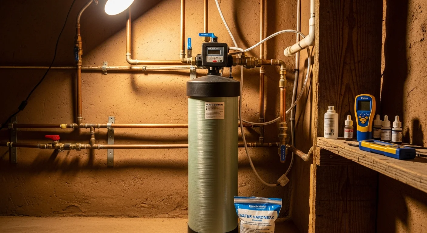 A licensed plumber from The Plumbers LLC inspecting a residential water softener system installed in a utility room of a Taos, NM home. The unit is connected to the home's main water supply line with clean copper fittings and a visible brine tank alongside the mineral tank.