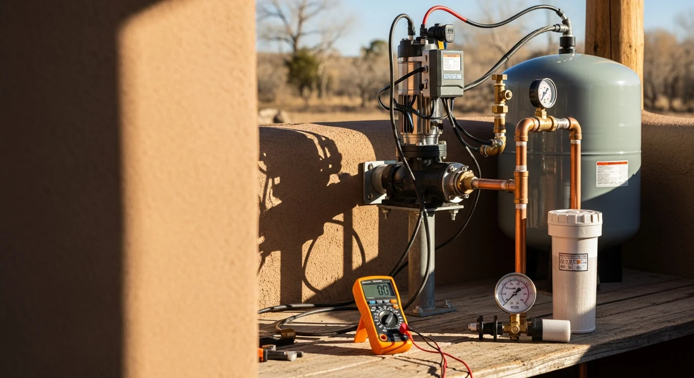 A plumber inspecting a well pump pressure tank and control wiring inside a utility room at a rural Taos, New Mexico property. The image shows the pump system components including the pressure gauge and supply lines.